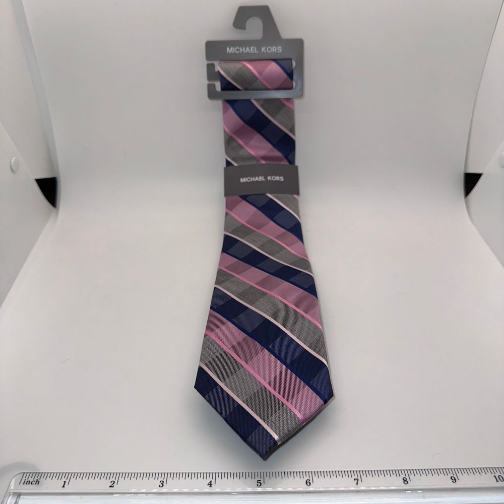 Michael Kors 100% Polyester Plaid pattern with pink, gray, and navy blue hues